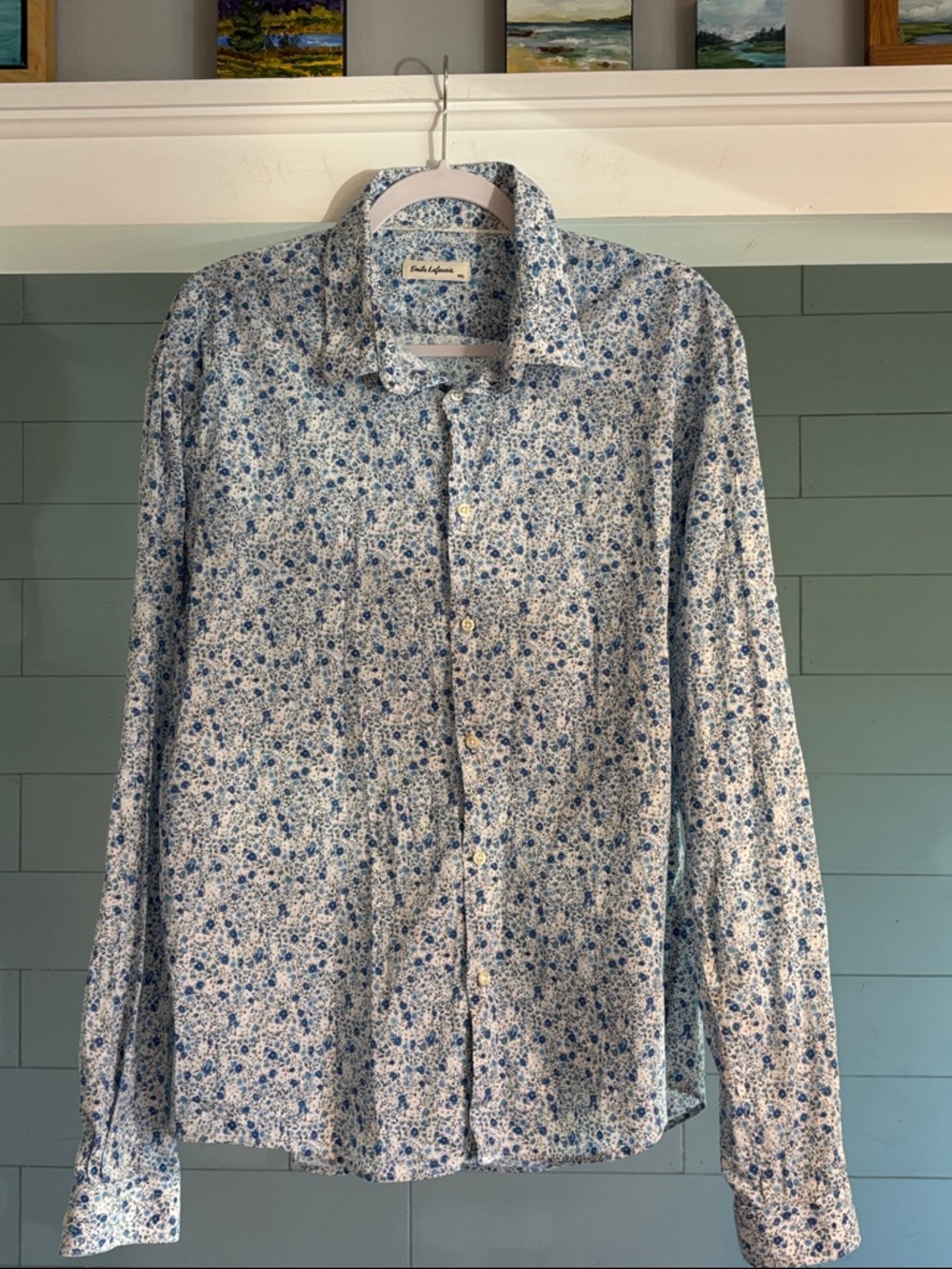 Men's Blue‎ Floral Button-Down Shirt by Emile Lafaurie